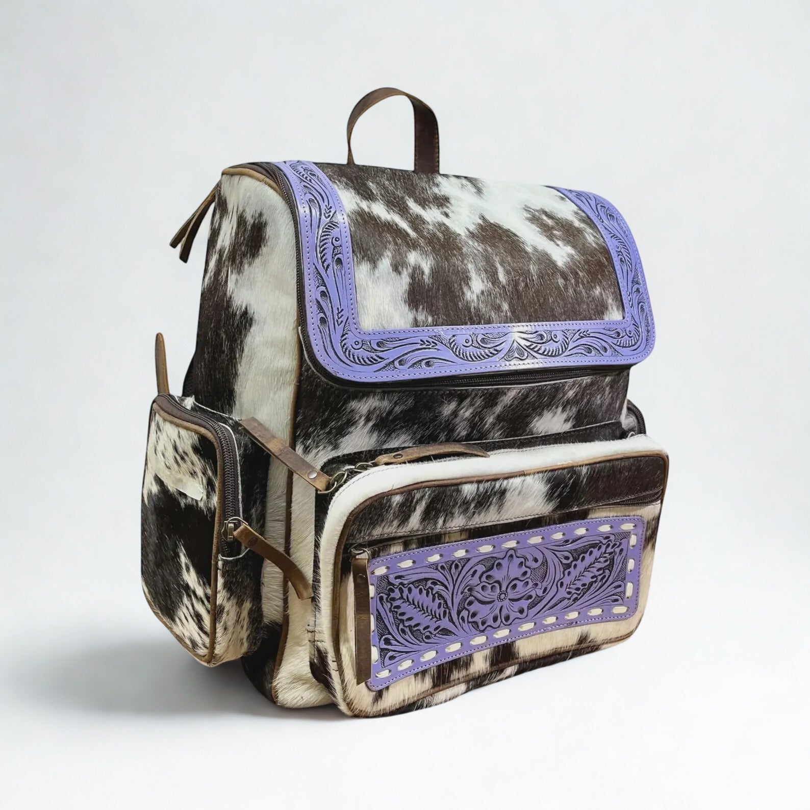 Purple tooled leather & hair on cowhide backpack - Western Style Hair on Bag
